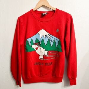Vintage 80s Jingle Bear Christmas Holiday Sweatshirt Medium Lined Red Skating